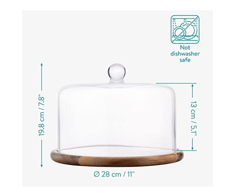 Présentoir à gâteau plateau en marbre et acacia avec un dôme en verre