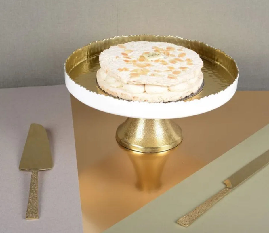 PLATEAU ROND BLANC ET DORE MARTELE SUR PIED 30X30X12.5CM