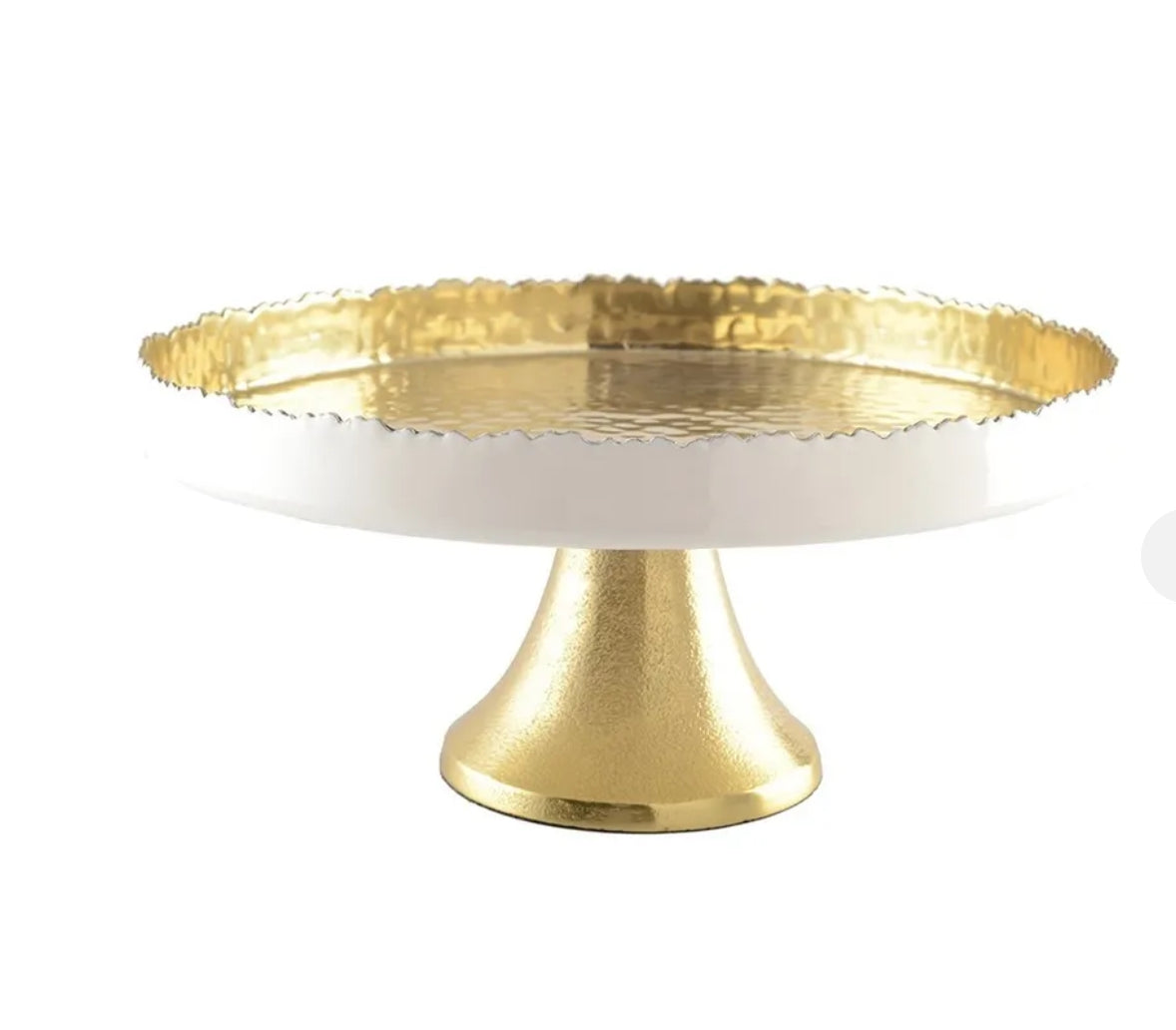 PLATEAU ROND BLANC ET DORE MARTELE SUR PIED 30X30X12.5CM