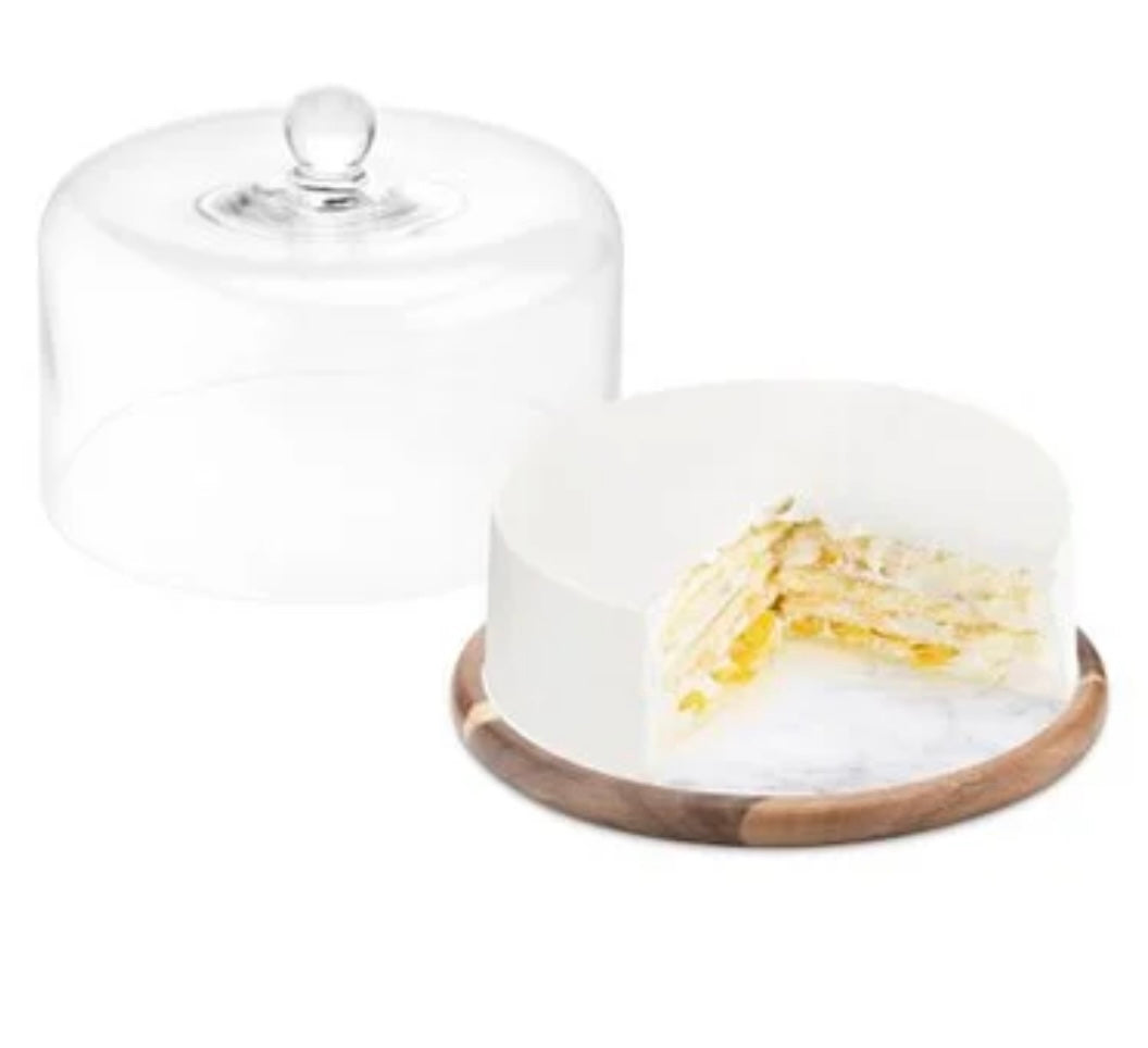 Présentoir à gâteau plateau en marbre et acacia avec un dôme en verre