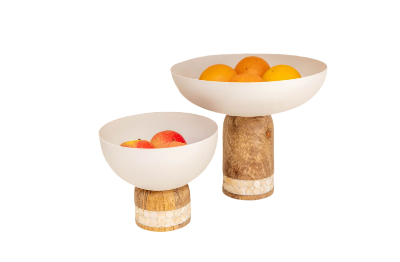 COUPE A FRUITS BLANCHE SUR PIED EN BOIS GRAND MODELE 25.5X25.5X22CM