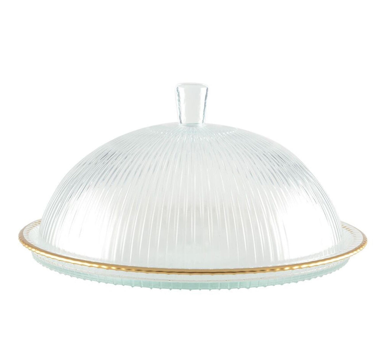 CLOCHE EN VERRE BORDS DORES SUR PLAT 32X32X17CM