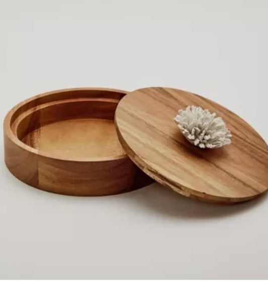 Boîte bois d’acacia naturel avec une fleur en porcelaine